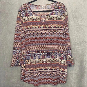 DRESSBARN 2X Top Shirt Red Boho Aztec Scoop Neck Keyhole Bell 3/4 Sleeve P11